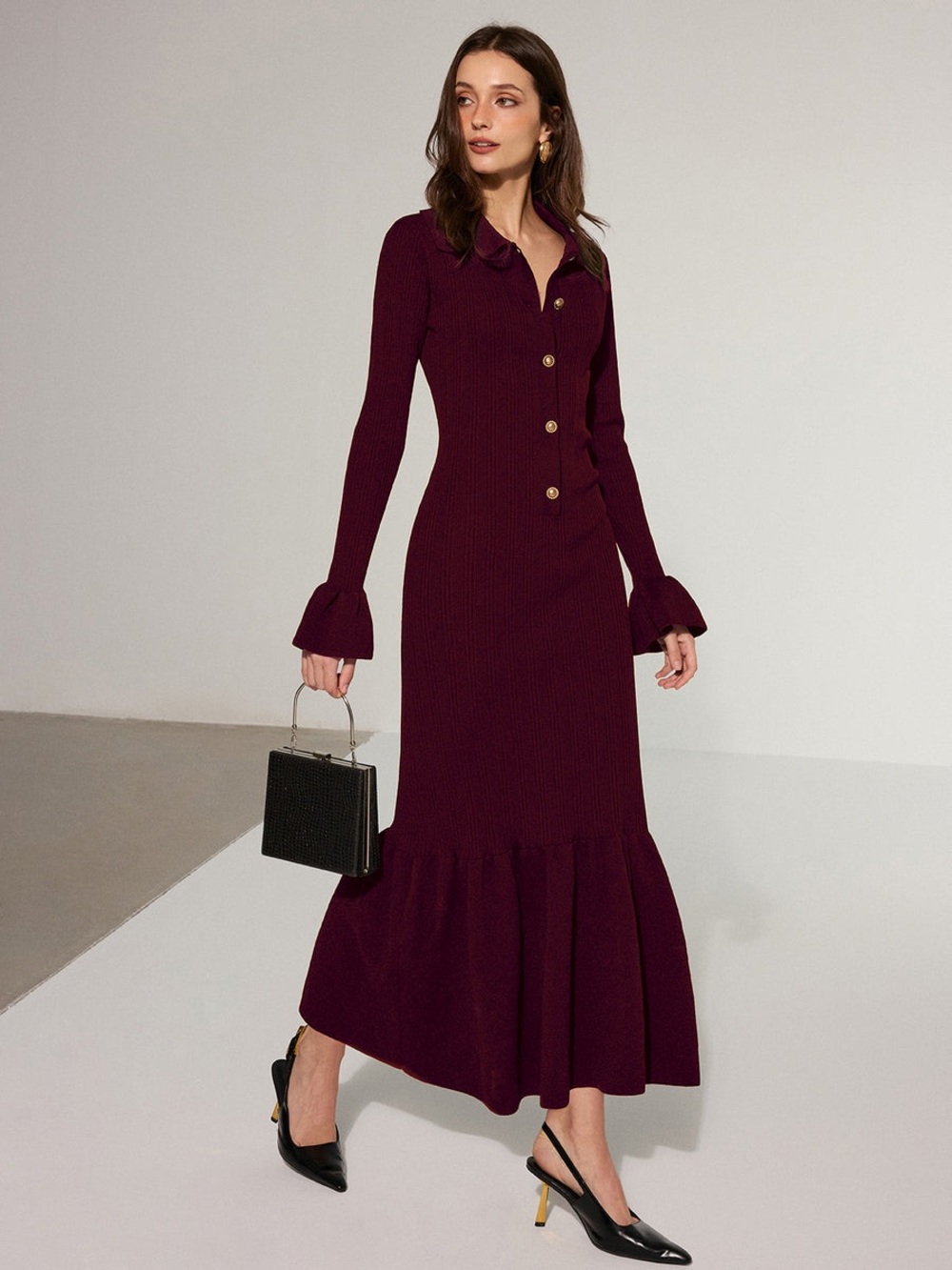 COMMENSE Mermaid Hem Collard Knit Maxi Dress